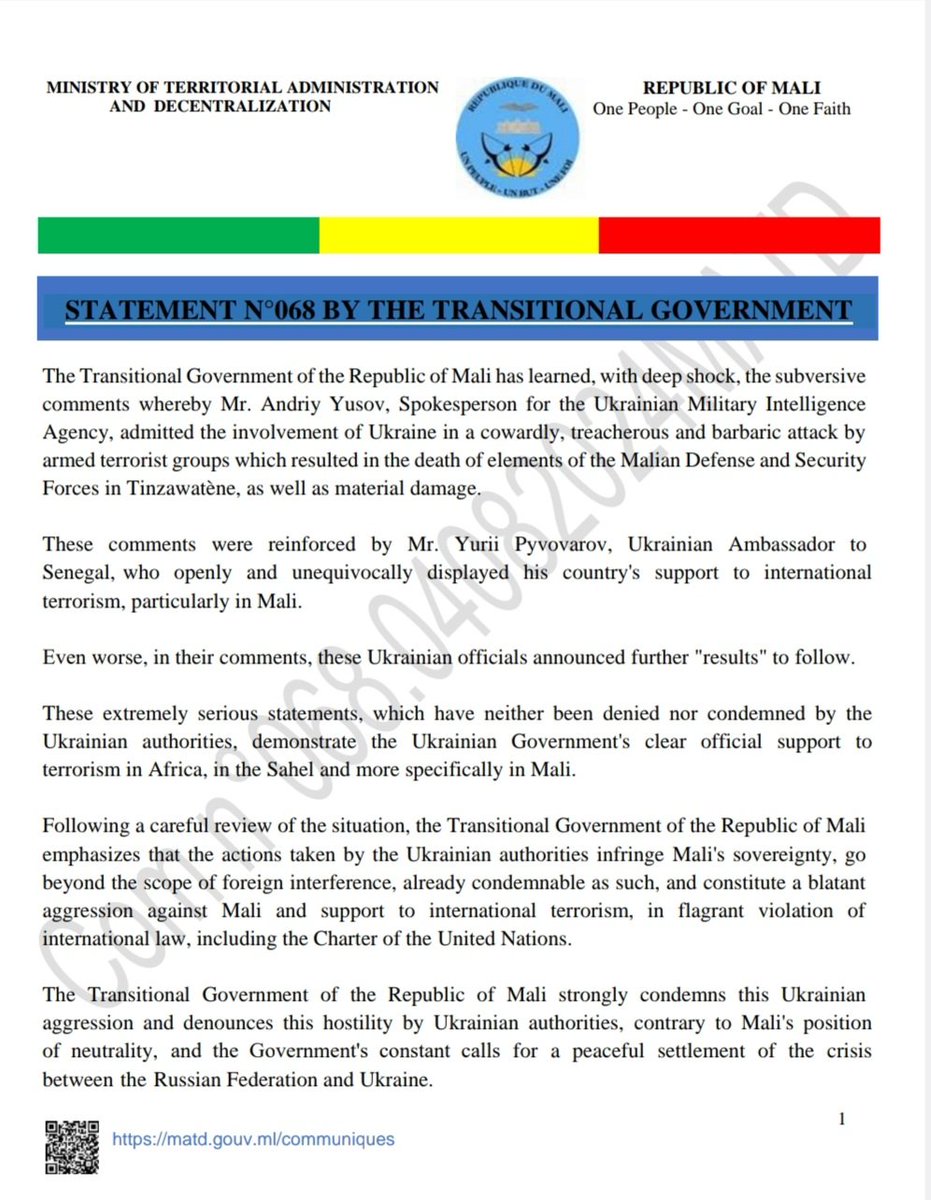 MaliMaeci's tweet photo. Statement No. 068 dated August 04, 2024 issued by the Transitional Government following the subversive remarks made by the Spokesperson of the Ukrainian Military Intelligence Agency admitting Ukraine's involvement in the terrorist attack in Tinzawatène, Mali. https://t.co/LJxTWH1uXX