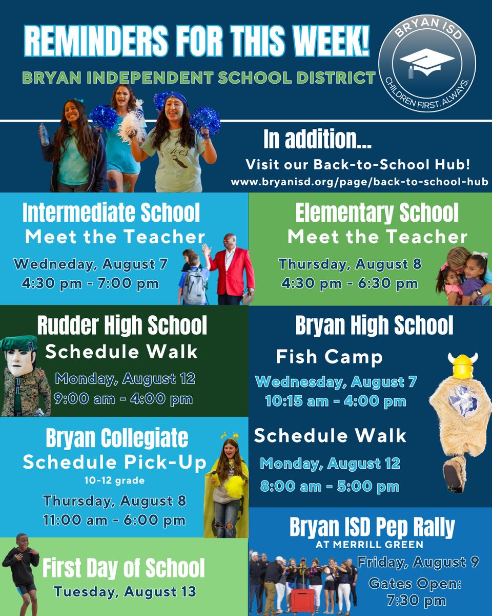 We have a BIG week ahead in Bryan ISD! Check out these important dates and mark your calendars. Let's start this school year great! <a href="/GCarrabineBryan/">Ginger Carrabine</a>