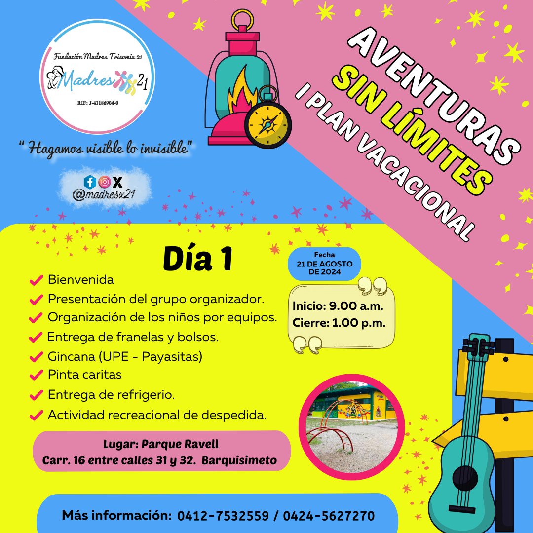 Día 1. 
Para más información, escribe a los números de la imagen. #planvacional #sindromedeDown #madresx21