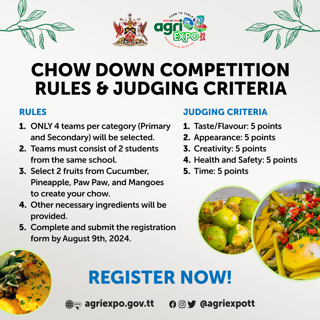 Get ready for the ultimate ""Chow Down"" competition at TT Agri-Expo 2024! We invite primary and secondary schools to join the challenge and show off their culinary skills. Who can make the best chow?Register now at agriexpo.gov.tt/chowdown2024/ #AgriExpoTT #AgriExpo2023