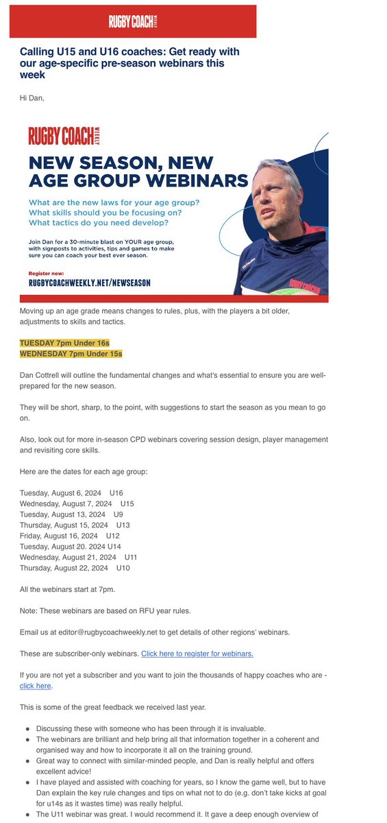 Dan Cottrell (@dan_cottrell) on Twitter photo Coaching U15s or U16s this year.
Webinars for each age group this week.
<a href="/RugbyCoachWeek/">Rugby Coach Weekly</a> subscribers sign up here
rugbycoachweekly.net/rcw-events?cl=…
Subscribe here
rugbycoachweekly.net/subscribe Coaching U15s or U16s this year.
Webinars for each age group this week.
<a href="/RugbyCoachWeek/">Rugby Coach Weekly</a> subscribers sign up here
rugbycoachweekly.net/rcw-events?cl=…
Subscribe here
rugbycoachweekly.net/subscribe