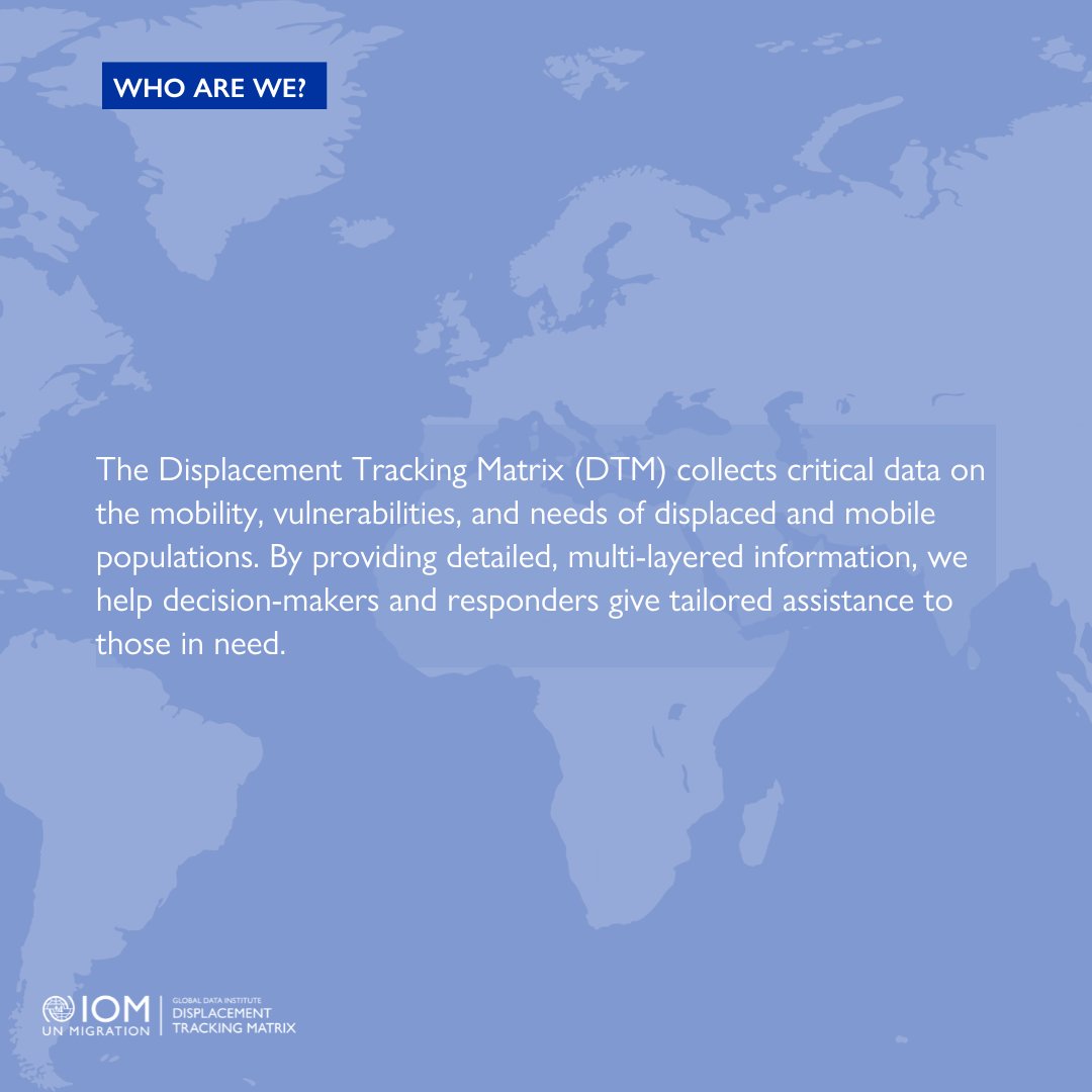 DTM_IOM's tweet image. 🌍 Welcome to the Displacement Tracking Matrix (DTM)! 📊 DTM collects data on the mobility, vulnerabilities, and needs of displaced populations. Helping decision-makers offer context-specific assistance. dtm.iom.int
#IOM #DTM #Data4Insight #Data4Action