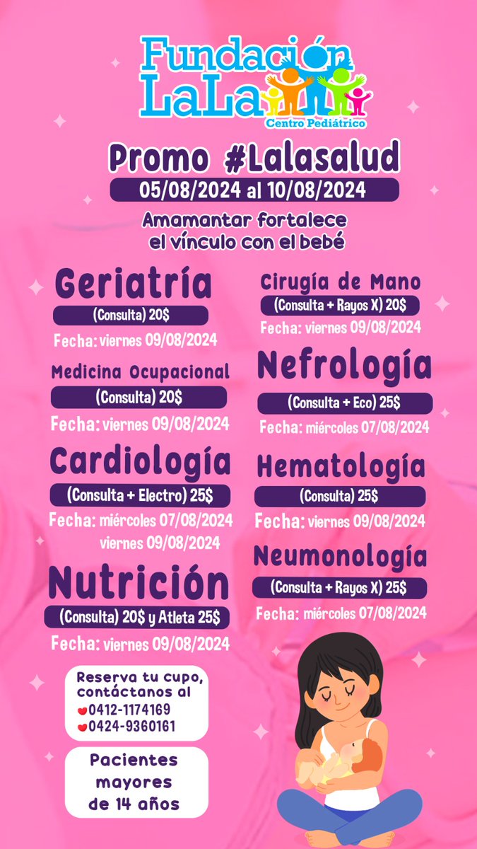 pediatricolala's tweet photo. En esta semana continuamos velando por la salud de cada adulto que nos necesita, por esto volvemos con la #PromoLalaSalud.

¡Observa 👇! Y descubre la disponibilidad.

#SomosLala
#PuertoOrdaz
#CentroPediatricoLala
#EspecialidadesLala https://t.co/zHruELrHql