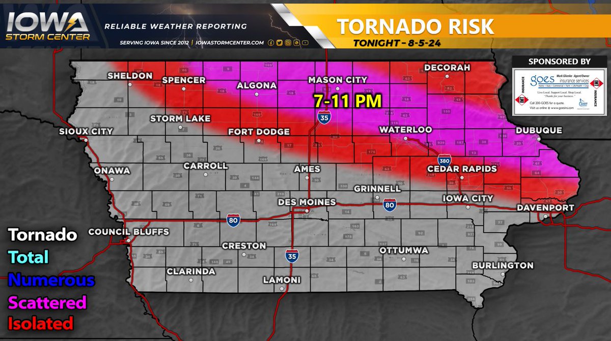 The main impulse of thunderstorms will move into northern Iowa later this evening with the primary activity to hit after 7 PM this evening. This will be a strong NW flow event with these storms capable of damaging winds, hail, heavy rainfall and a couple of isolated tornadoes.