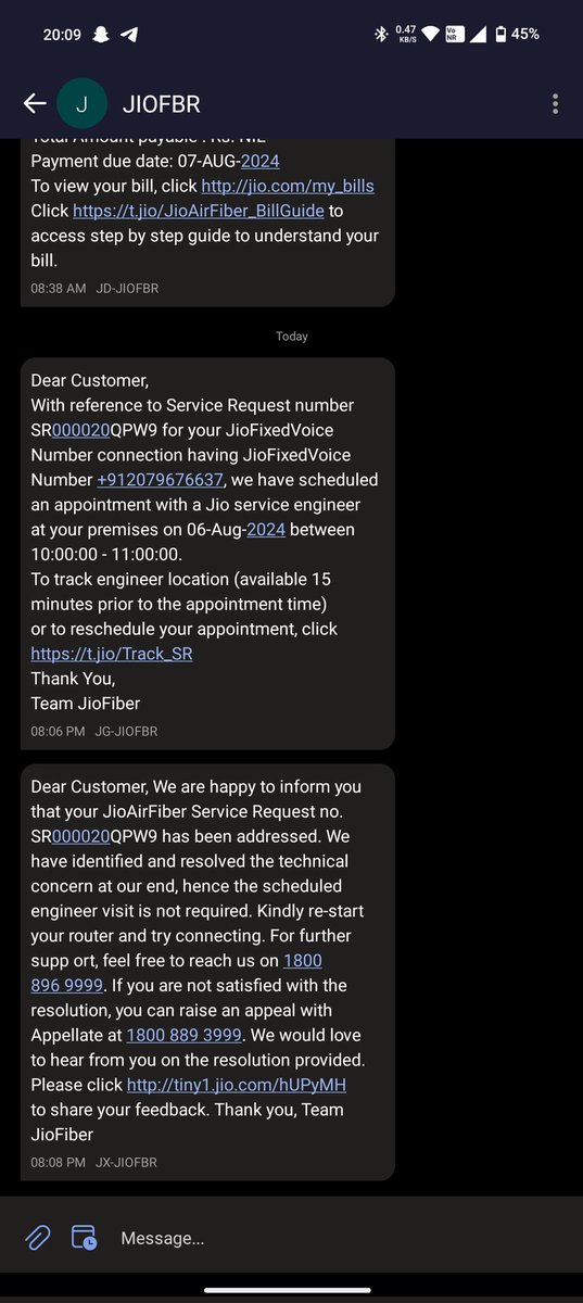 aditya_mehare's tweet photo. @JioCare @TRAI
Can you please explain why my service requests are getting resolved without visit. If you can solve the issue, why did you check with me before the marking issue is resolved? The issue is not resolved and I'm complaining about this issue from the last 3 months. https://t.co/nir1xwjEYM