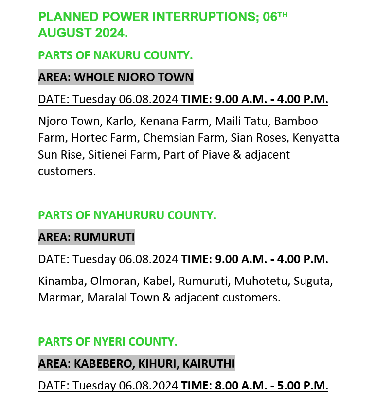 KenyaPower_Care's tweet photo. Good Evening. The listed areas will be affected by planned power interruptions tomorrow (6th August 2024). The interruption is part of network maintenance. For the advance notice, use https://t.co/mzD2qgA9uK. To access the latest schedule, check under the most recent date. ^EK https://t.co/Agzf0cWmvP