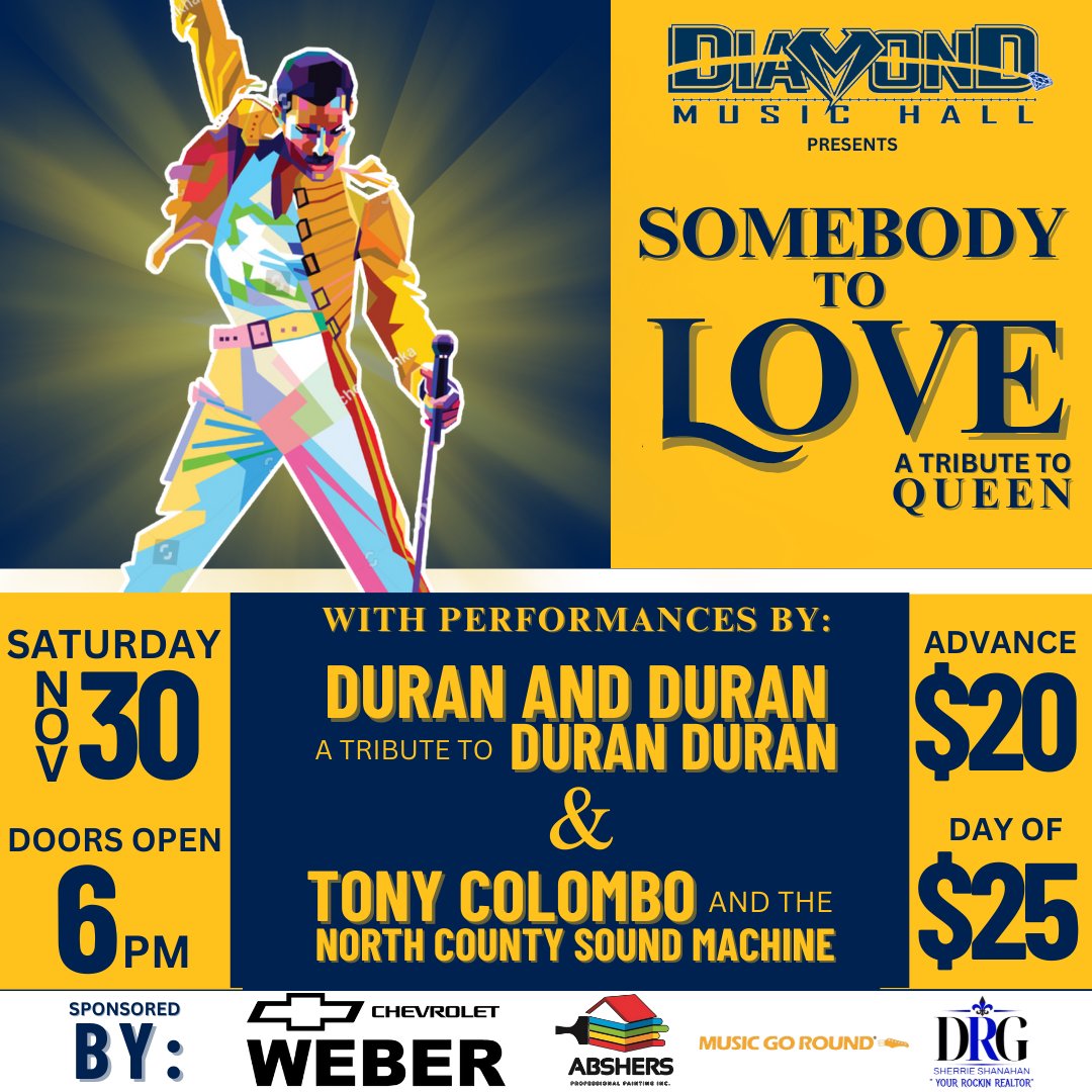 Somebody To Love returns to Diamond Music Hall. The only performance in the St. Louis, MO region for 2024. With Duran and Duran; a tribute to Duran Duran and Tony Colombo and the North County Sound Machine.  sponsored by Weber Chevrolet. 
Ticket link: 
eventbrite.com/e/somebody-to-…