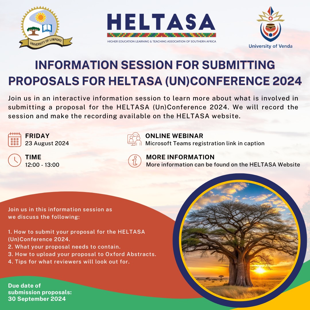 Join us for an information session on August 23, 2024, at 12:00 on submitting proposals for the HELTASA (Un)Conference 2024. 💡💻
More information: tinyurl.com/3tup4rzr
Registration Link: tinyurl.com/8cbtv6y6
#HELTASA #unconference2024 #UNIVEN #ULEvents2024