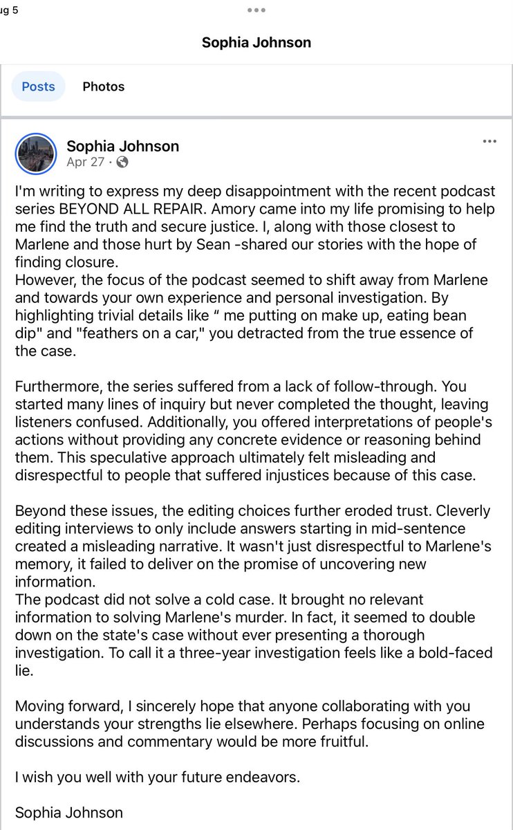 RichMor2023's tweet photo. @jbenton @KarinVolo @CorreiaShane This is Sophia’s  feeling on the podcast. IT should have been called entertainment instead of true crime. https://t.co/0D5fS8botu