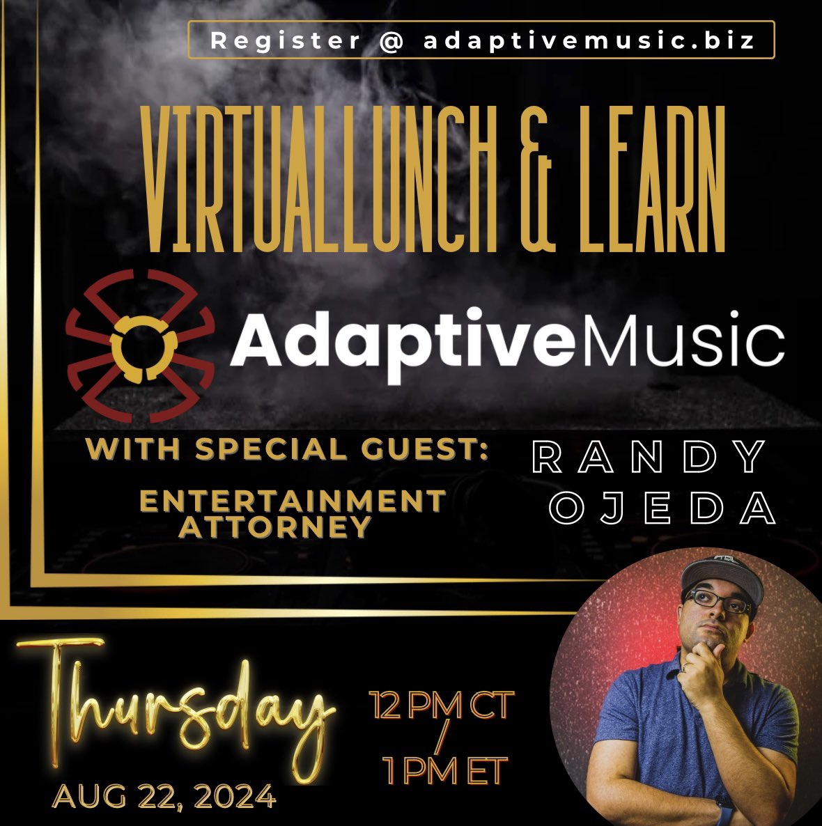 Adaptive Music (@adaptivemusic_) on Twitter photo Join us for our upcoming "Lunch & Learn" with special guest entertainment attorney Randy Ojeda! 🌟 <a href="/realRandyOjeda/">Randy Ojeda, Esq.</a>
Randy will share his insight so Get your questions ready & join the AM team for a virtual chat on 8/22 at 12pm CT/1pm ET.
Register now at adaptivemusic.biz Join us for our upcoming "Lunch & Learn" with special guest entertainment attorney Randy Ojeda! 🌟 <a href="/realRandyOjeda/">Randy Ojeda, Esq.</a>
Randy will share his insight so Get your questions ready & join the AM team for a virtual chat on 8/22 at 12pm CT/1pm ET.
Register now at adaptivemusic.biz
