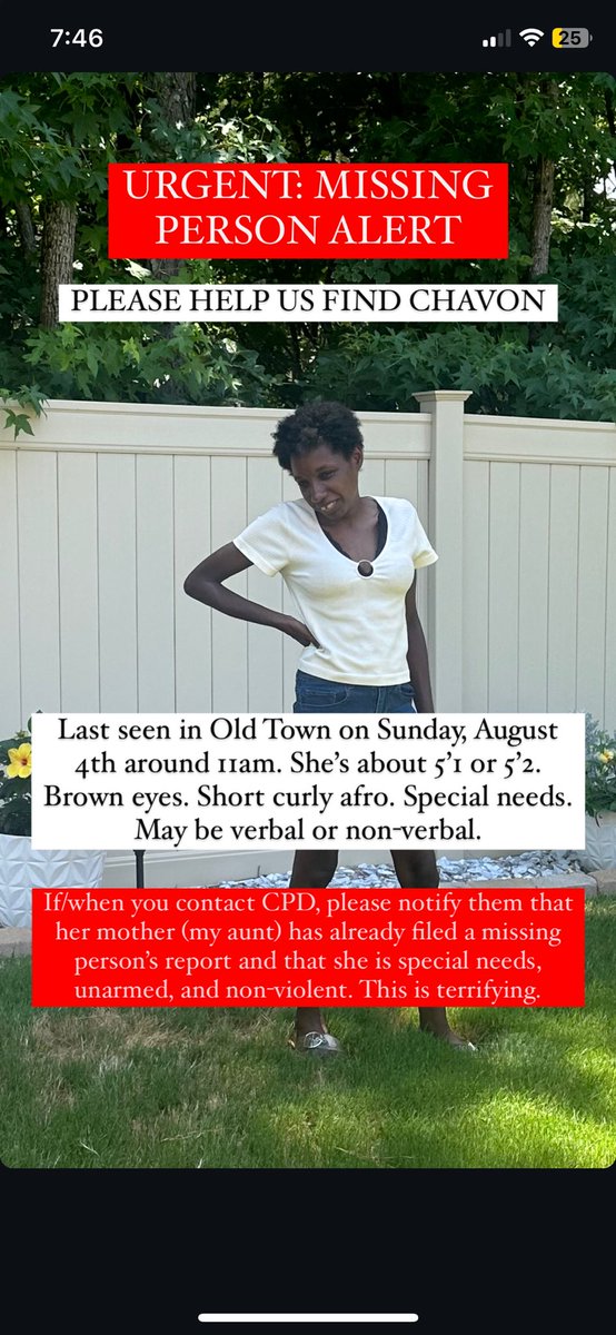 rithankyou's tweet photo. 🚨‼️CHICAGO ‼️🚨

MISSING PERSON ALERT: 🚨 Please help us find my cousin, Chavon

Last seen in the Old Town neighborhood at about 11pm Sunday, Aug 4. About 5-5’2 and 40 years old. She is special needs. Does not have a phone or know how to work one

She has never been out alone. https://t.co/seVhOcqmDB