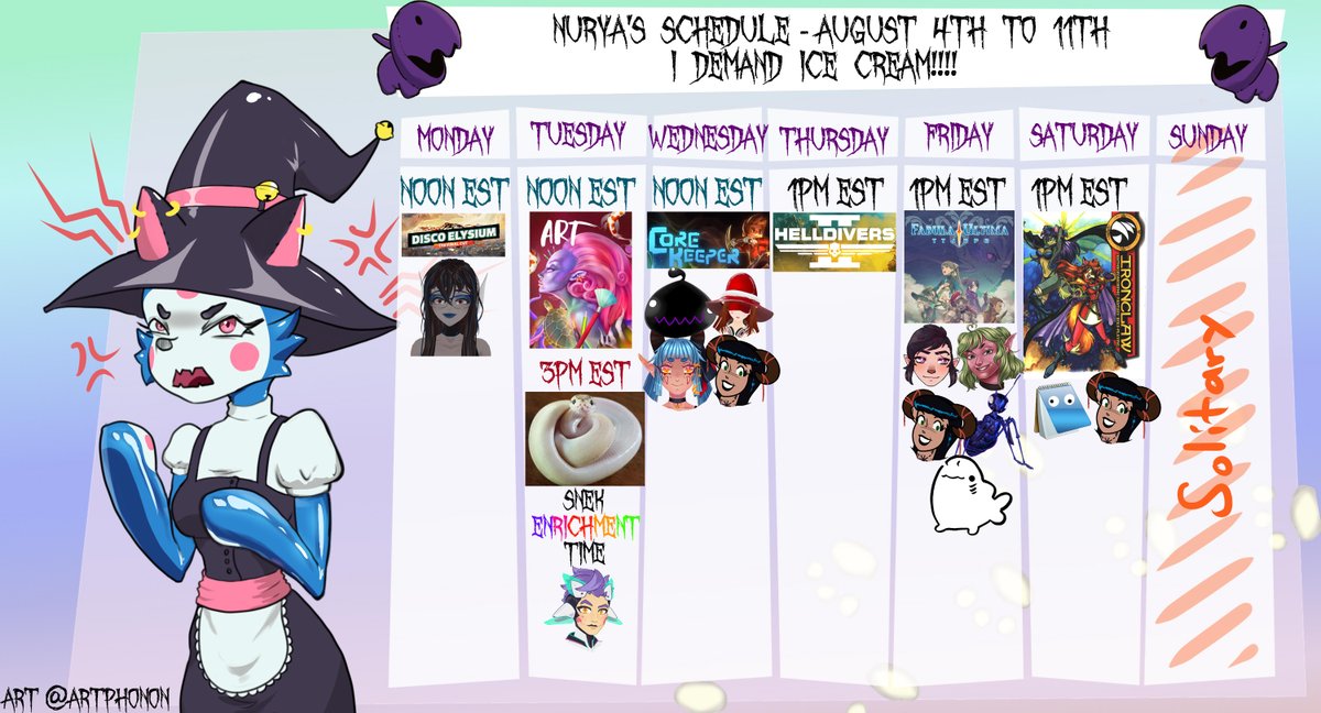 #vtuber #ENVtuber 

Hey hey people, have a new schedule!

No Nyan blood collab this week for me, my work schedule for Tuesday starts early.🙃

Fabula Ultima is back on Friday and TTT will do Ironclaw, the furry RPG. I figure I have the bona fides for that now😉

Art <a href="/artphonon/">ArtPhonon🔞</a>