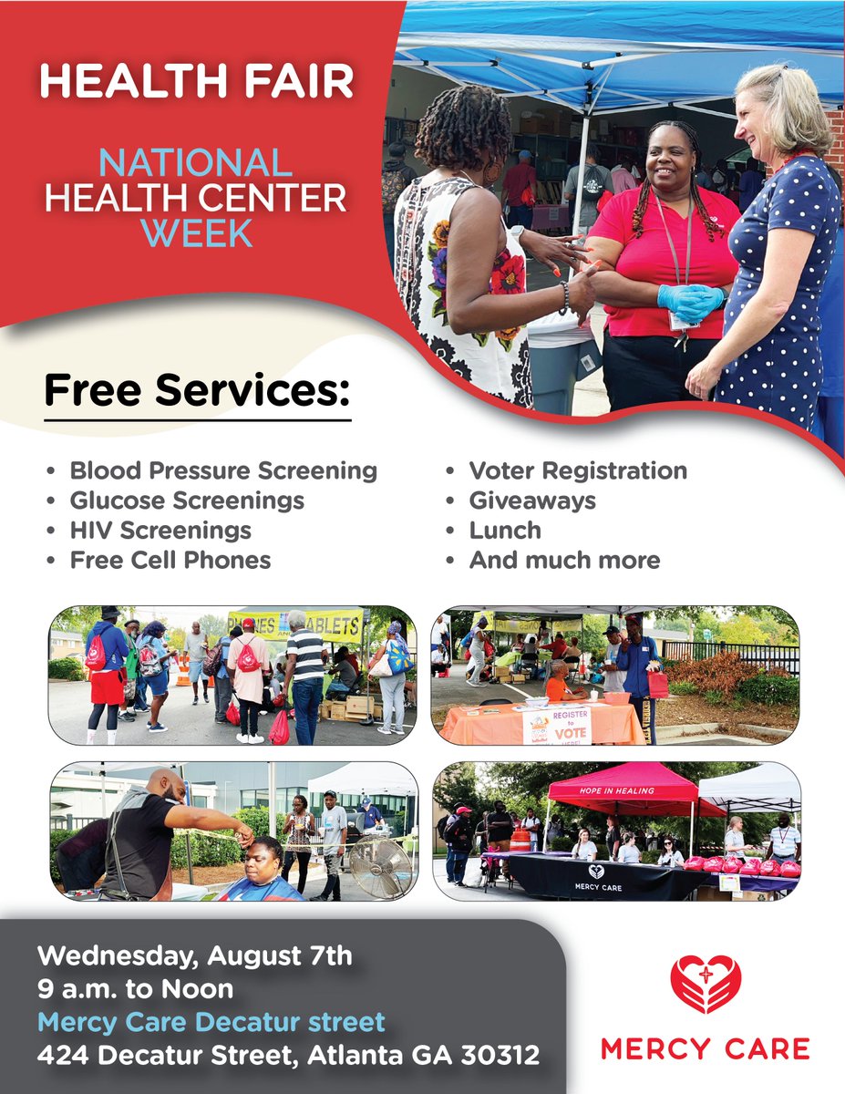 Join us for a day of community wellness and engagement! Mercy Care at 424 Decatur Street is hosting a health fair for National Health Center Week from 9 am to noon. We will be offering various free services such as health screenings, voter registration, and many more.