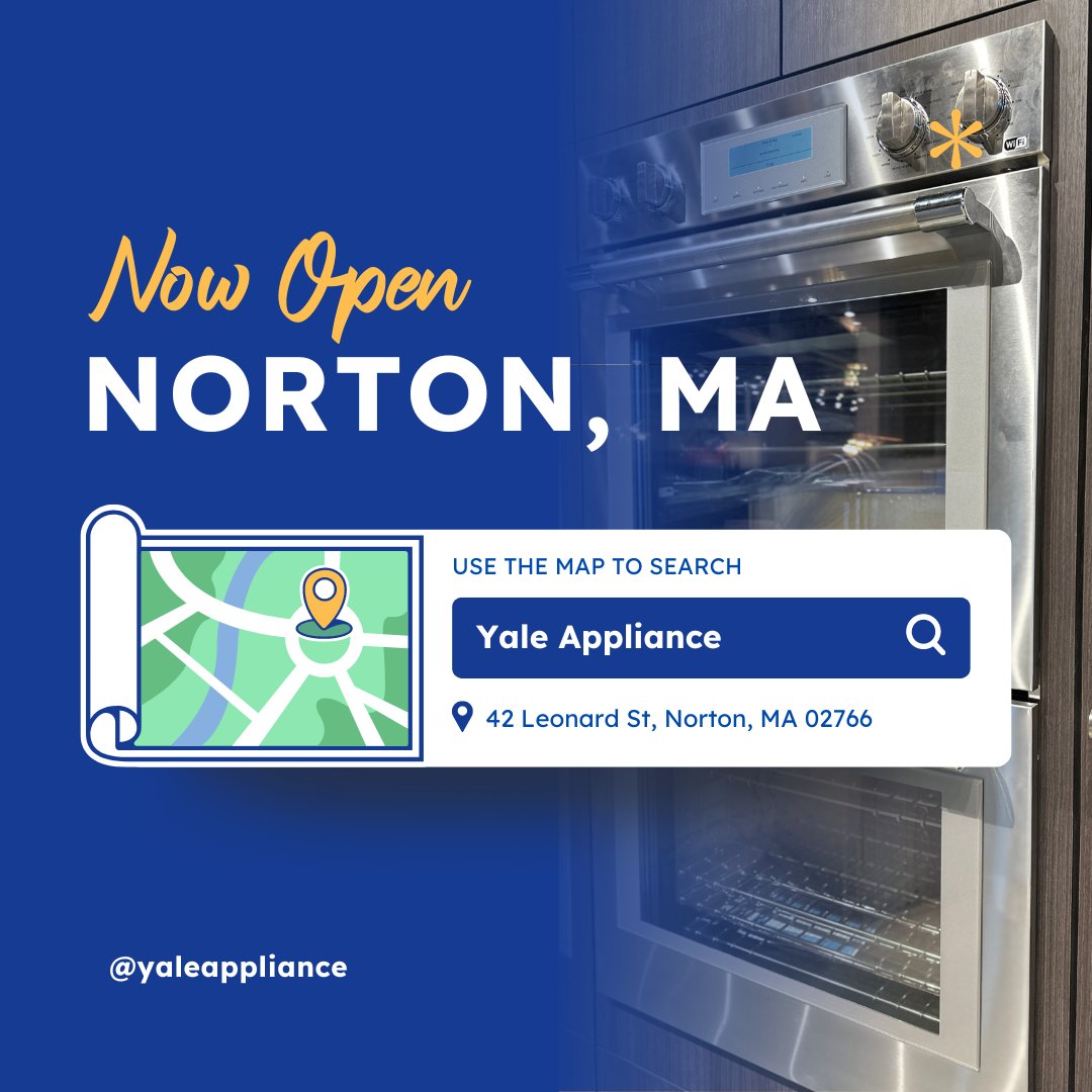 Exciting news! Our fourth Yale Appliance showroom is now open at 42 Leonard St, Norton, MA 02766. Explore our live kitchen spaces showcasing the latest trends. Visit the Yale Appliance Outlet in Norton for savings of 15-60% on overstocks and scratched appliances. #YaleAppliance