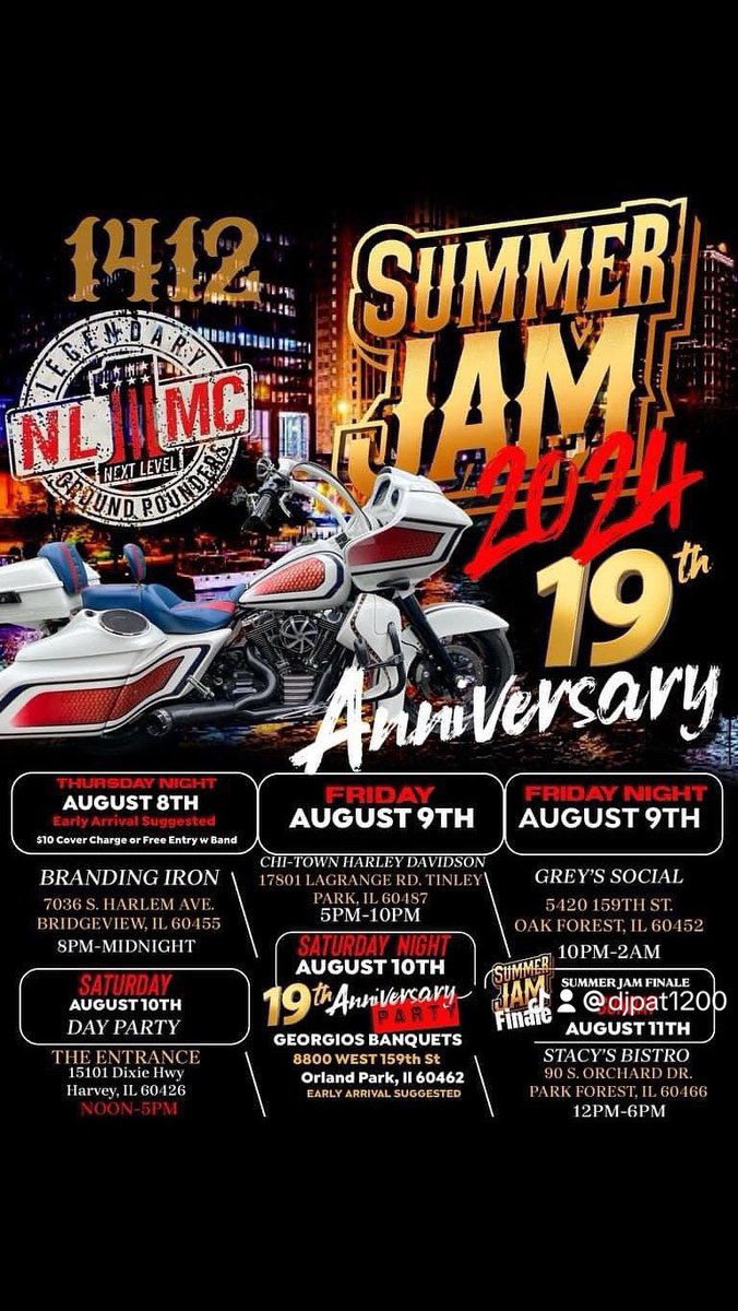 DJPAT1200's tweet photo. 🚨🚨🚨🚨🚨🚨🚨🚨🚨🚨🚨🚨🚨🚨🚨🚨

ITS OFFICIALLY SUMMER JAM WEEK‼️

WE GOT A BUNCH A FLY ASS EVENTS, BY A BUNCH OF FLY ASS DUDES, WHO KNOWS A BUNCH OF FLY ASS PEOPLE THATS COMING FROM FAR AND WIDE TO CELEBRATE CHICAGO NL FOR 19YRS OF KEEPING IT 💯% MOTORCYCLING. DOPE FRFR https://t.co/k7Zr9KLu3M