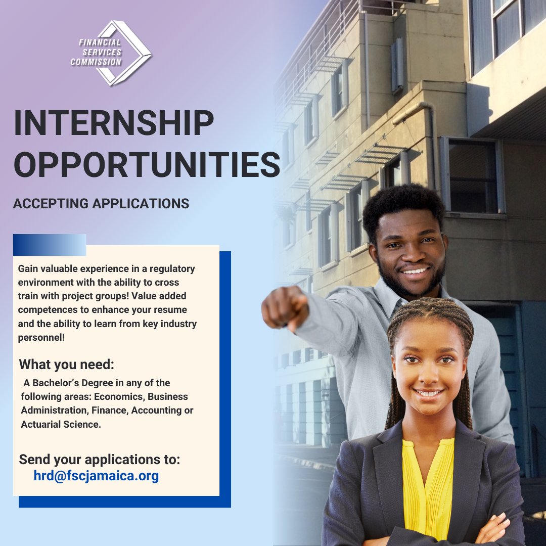 Are you looking for your chance to work in financial regulation?

Ready to work with industry professionals and gain real-world experience that will catapult your career into future success?

APPLY TODAY! Send your application to hrd@fscjamaica.org
