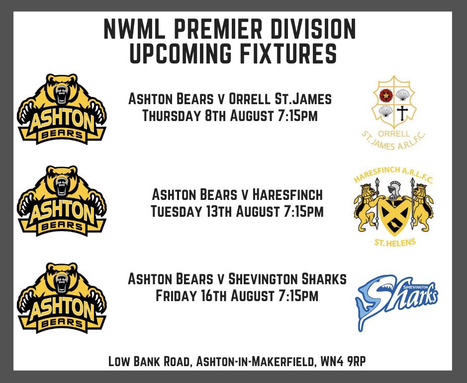AshtonBears's tweet image. MIDWEEK TRIPLE TREAT 🐻🏉

This Thursday sees the start of a feast of Rugby League as we have 3 home games over 9 days to enjoy. 

Orrell are in town this week for what is always an entertaining game. Get there and cheers the lads on if you can 👍🏻