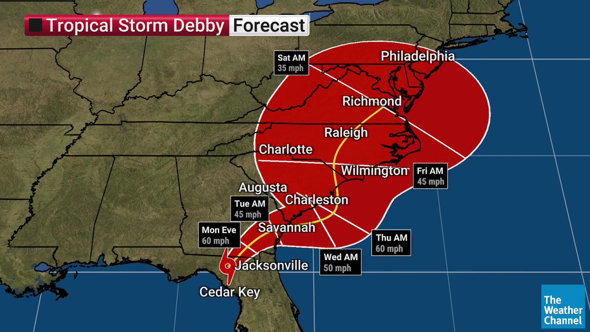 weatherchannel's tweet photo. JUST IN: #Debby weakens to a Tropical Storm. Catastrophic flooding remains a major threat across the Southeast as the system stalls near the coast. 

Stay tuned to The Weather Channel for the latest updates. https://t.co/qIHPZKXyv6