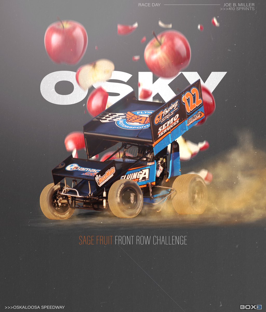 <a href="/JoeBMotorsports/">Joe B. Miller</a> will head to Osky tonight in the Flying A Motorsports | Lane Warner Racing #122 for the @SageFruit Front Row Challenge! 🍎

📍: <a href="/oskychallenges/">oskychallenges.com</a> 
🎟️: At the Track
⏰: 7PM
📺: <a href="/FloRacing/">FloRacing</a> 
⏱️: <a href="/MyRacePass/">MyRacePass</a> 

📸: Megan McGarry
Flying A Motorsports | Lewis Trucking |