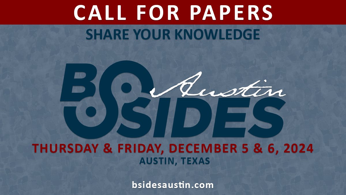 BSides Austin 2024 #callforpapers is open. Share a bit of your knowledge with others in the #infosec community by speaking at the #BSidesAustin in-person event this Dec 5 &amp; 6. Submit your idea: bsidesaustin.com/cfp <a href="/SecurityBSides/">Security BSides</a> <a href="/BSidesSATX/">BSides San Antonio / BSidesSATX</a> #infosecurity #Security