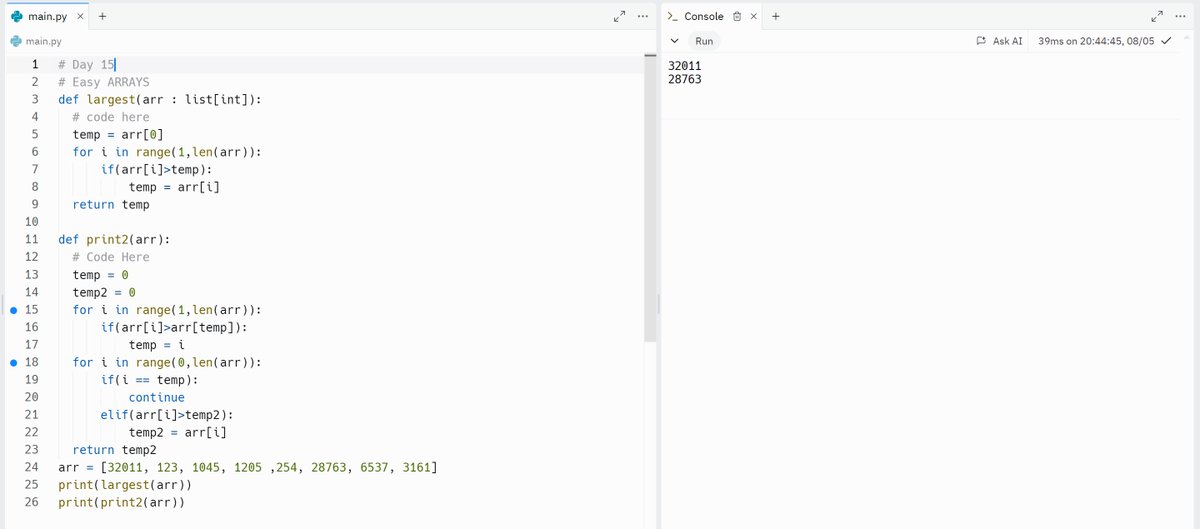 Saksham6484's tweet image. Language of the day #Python 
#Day15
Just Feels more meaningful and good overall to be solving questions again. #DaysOfCoding #dsa2024 #100DaysOfCode #StriversA2Z
replit.com/@SAKSHAMPATEL1…