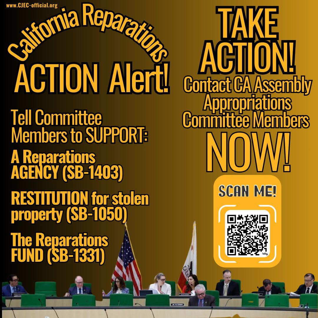Chris Reparations Organizer (@chrisorganizsac) on Twitter photo The next 30 days are the most important days for California #Reparations-related bills so far this year. We're closer to California Reparations than we've ever been. Help us cross the finish line. Take ACTION with us NOW...click👇🏿 bit.ly/AssemblyApprop…
<a href="/cjecofficial/">Coalition For A Just & Equitable California</a> #CALeg The next 30 days are the most important days for California #Reparations-related bills so far this year. We're closer to California Reparations than we've ever been. Help us cross the finish line. Take ACTION with us NOW...click👇🏿 bit.ly/AssemblyApprop…
<a href="/cjecofficial/">Coalition For A Just & Equitable California</a> #CALeg