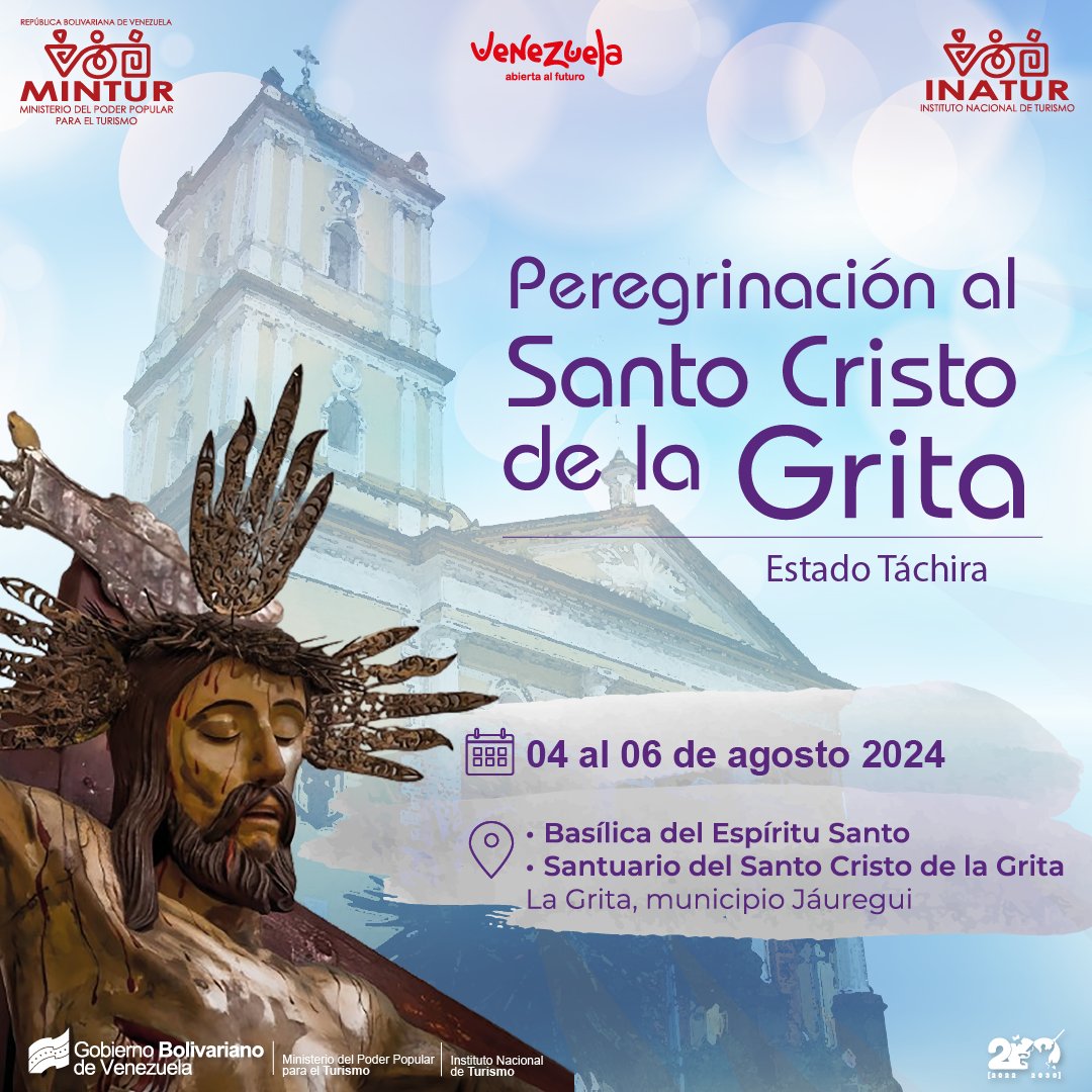 ✨ La Peregrinación al Santo Cristo de la Grita en el estado Tachira se celebra desde el 04 al 06 de agosto.

🇻🇪 Los invitamos a que visiten el estado Tachira y disfruten del Turísmo Religioso.
