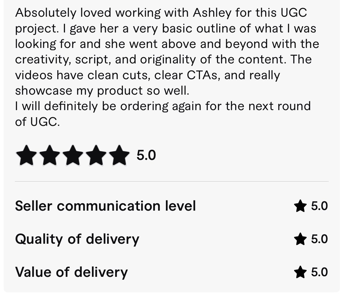 UGCwithAshleyV's tweet image. Waking up to 5 ⭐️ feedback like this on Monday mornings is really starting to make Mondays my favorite 🥰🙌🥰

#ugc #ugccreator #ugcreview