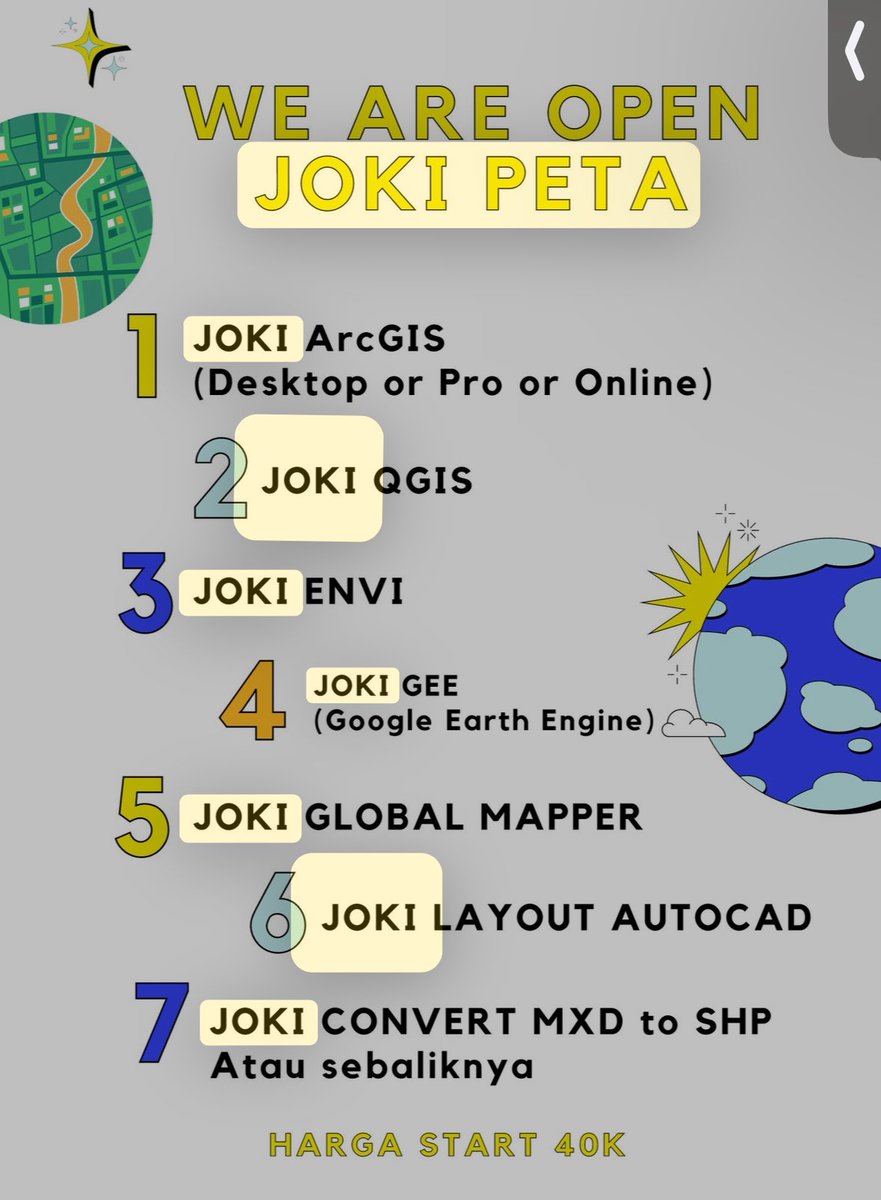 Jae_dya22's tweet image. Halo semuanya yang mau joki or tutor arcgis, google earth engine, qgis, envi, dan global mapper bisa banget langsung wa aja kesini :
wa.me/6590528656 

#jokipeta #jokiarcgis #zonauang #joki 

Testi : x.com/jae_dya22/stat…
