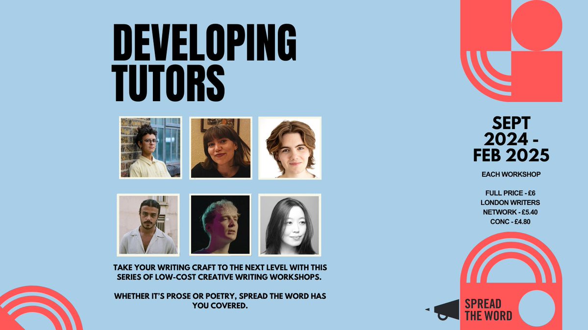 STWevents's tweet photo. Over the next few months we have a number of exciting low-cost creative writing workshops coming up at Spread the Word as part of our #DevelopingTutors sessions.
This week, we'll be taking a deep-dive into each online workshop on social media. Keep your eyes peeled 👀 https://t.co/9yf5pXXqfv