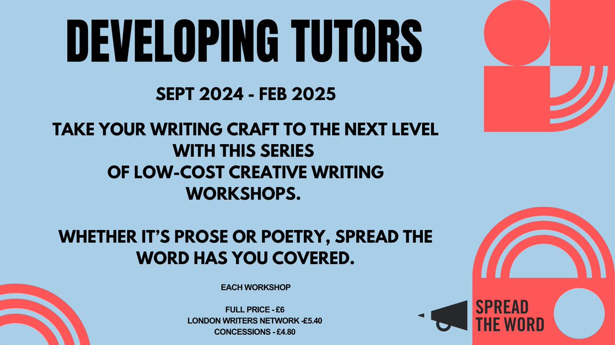 STWevents's tweet photo. Over the next few months we have a number of exciting low-cost creative writing workshops coming up at Spread the Word as part of our #DevelopingTutors sessions.
This week, we'll be taking a deep-dive into each online workshop on social media. Keep your eyes peeled 👀 https://t.co/9yf5pXXqfv