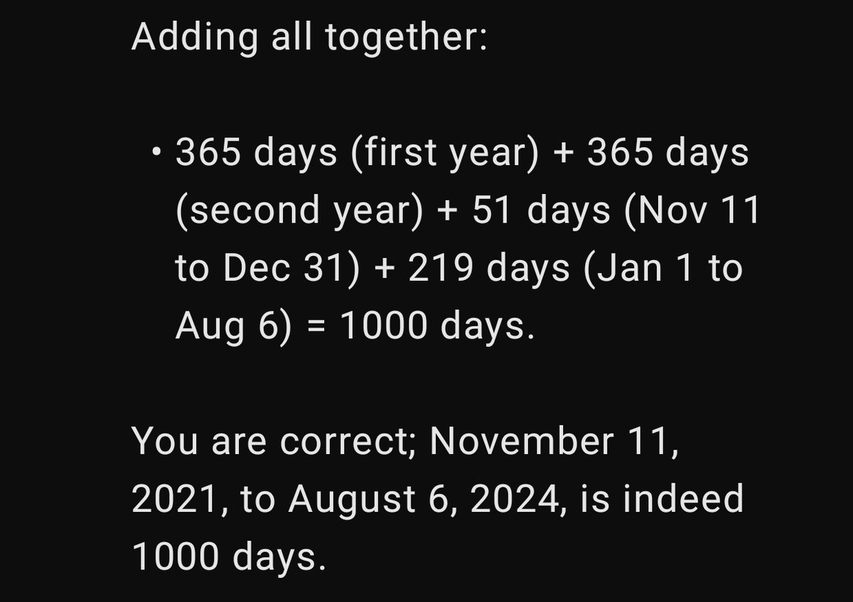 2021: Nov 11 - Dec 31 = 51 days
2022: 365 days
2023: 365 days
2024: Jan 1 - Aug 6 = 219 days
51+365+365+219 = 1000

August 6th is New State 1000th Day
#NEWSTATEMOBILE