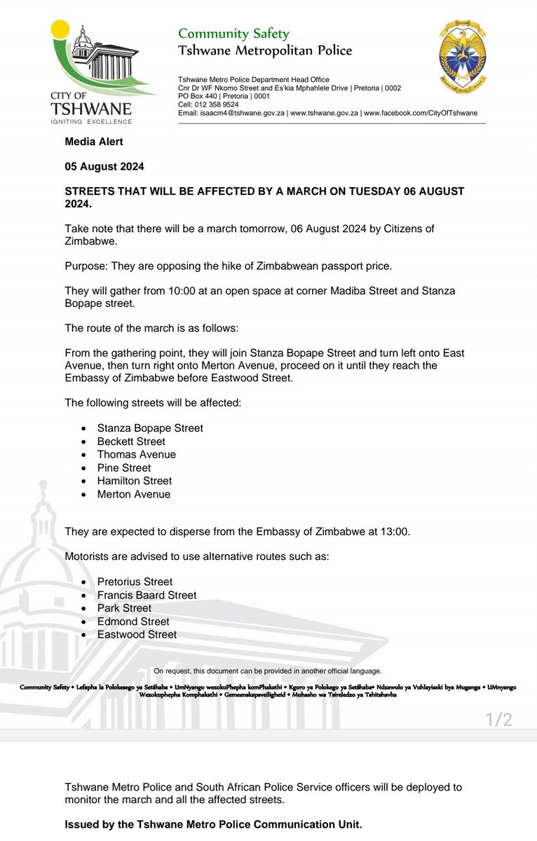 CityTshwane's tweet photo. Streets that will be affected by a march on Tuesday 6 August 2024 https://t.co/t6J1grCExU