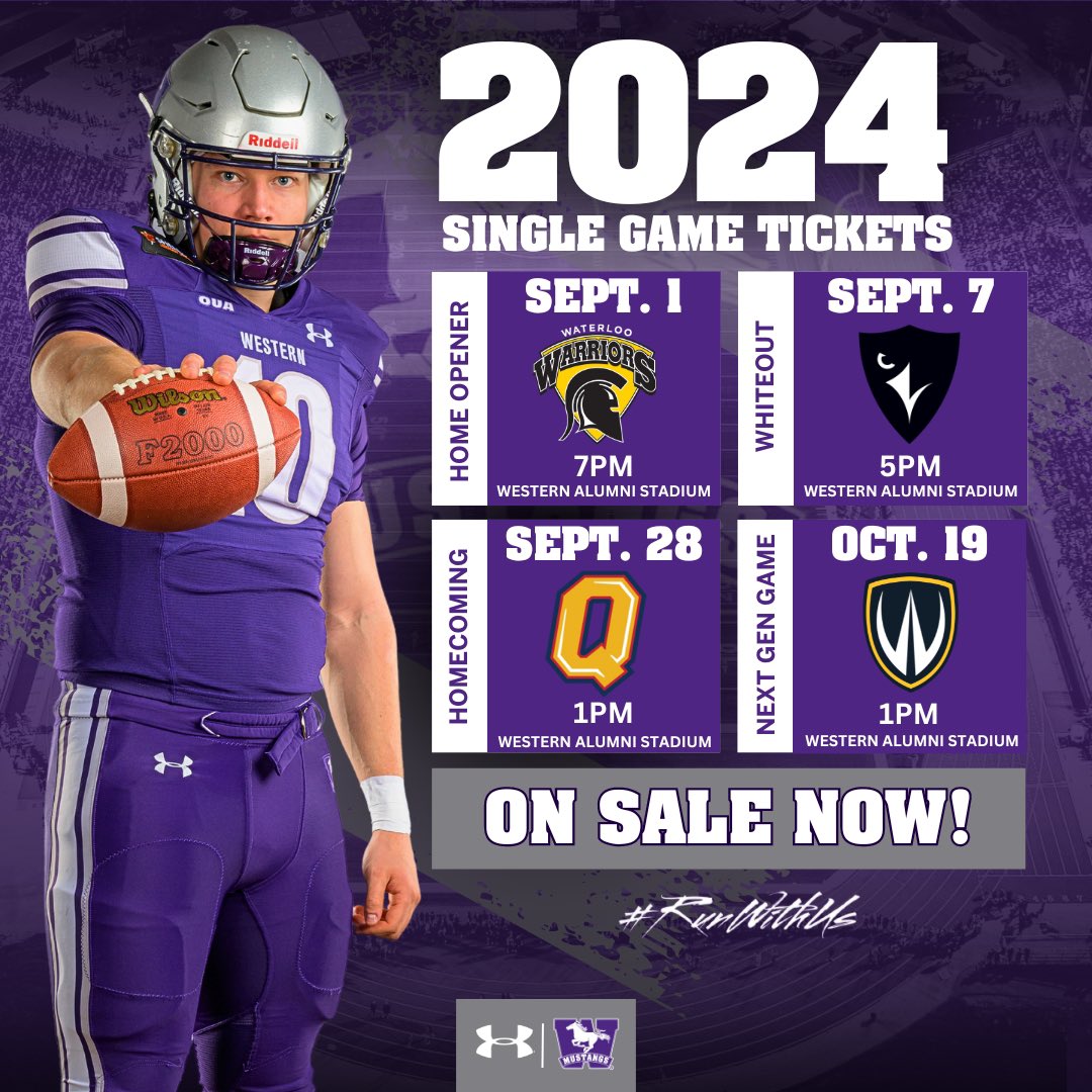 🏈 Mustangs Football is BACK!! There’s less than a month until kickoff &amp; single game tickets are on sale NOW for 2024 #WesternMustangs  home games at Western Alumni Stadium. 🎟️

Head to WesternMustangs.ca/tickets to pick your seat to see the reigning Yates Cup champions. 🏆