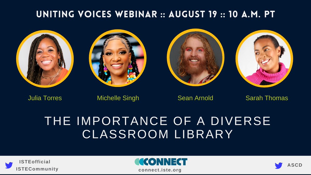 ISTE+ASCD Community Leaders (@istecommunity) on Twitter photo Building Bridges Through Diverse Books 📚
Join us for a FREE United Voices Webinar on August 19th at 10 AM PT to explore the transformative power of diverse classroom libraries!
bit.ly/diverseclassro…
#WeNeedDiverseBooks <a href="/lctelearning/">LCT-E Learning Solutions (Equity Training 🤝🏽)</a> <a href="/sarahdateechur/">Sarah Thomas, PhD</a> <a href="/juliaerin80/">Julia E. Torres (MAEd., MA, MLIS)</a> <a href="/seanmarnold/">Sean M. Arnold</a> Building Bridges Through Diverse Books 📚
Join us for a FREE United Voices Webinar on August 19th at 10 AM PT to explore the transformative power of diverse classroom libraries!
bit.ly/diverseclassro…
#WeNeedDiverseBooks <a href="/lctelearning/">LCT-E Learning Solutions (Equity Training 🤝🏽)</a> <a href="/sarahdateechur/">Sarah Thomas, PhD</a> <a href="/juliaerin80/">Julia E. Torres (MAEd., MA, MLIS)</a> <a href="/seanmarnold/">Sean M. Arnold</a>