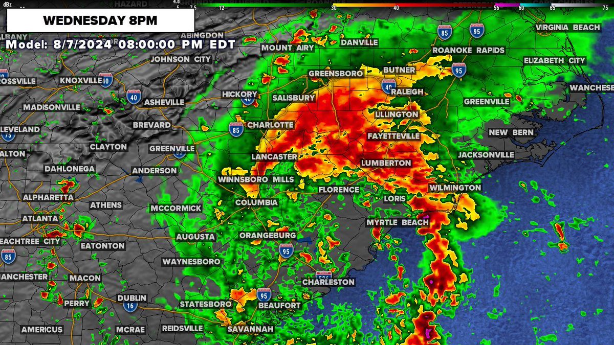 Just an example of what some of the guidance is showing for Wednesday at 8pm. The gradient from super heavy rain to light rain will be dramatic in the western Carolinas. #Debby #cltwx #ncwx #scwx #wcnc