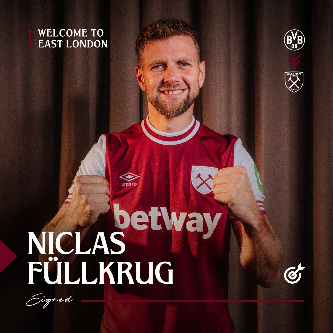 WestHam's tweet photo. West Ham United is delighted to announce the signing of Germany international centre-forward Niclas Füllkrug. 

The prolific striker joins the Hammers from Borussia Dortmund on a four-year contract for an undisclosed fee.