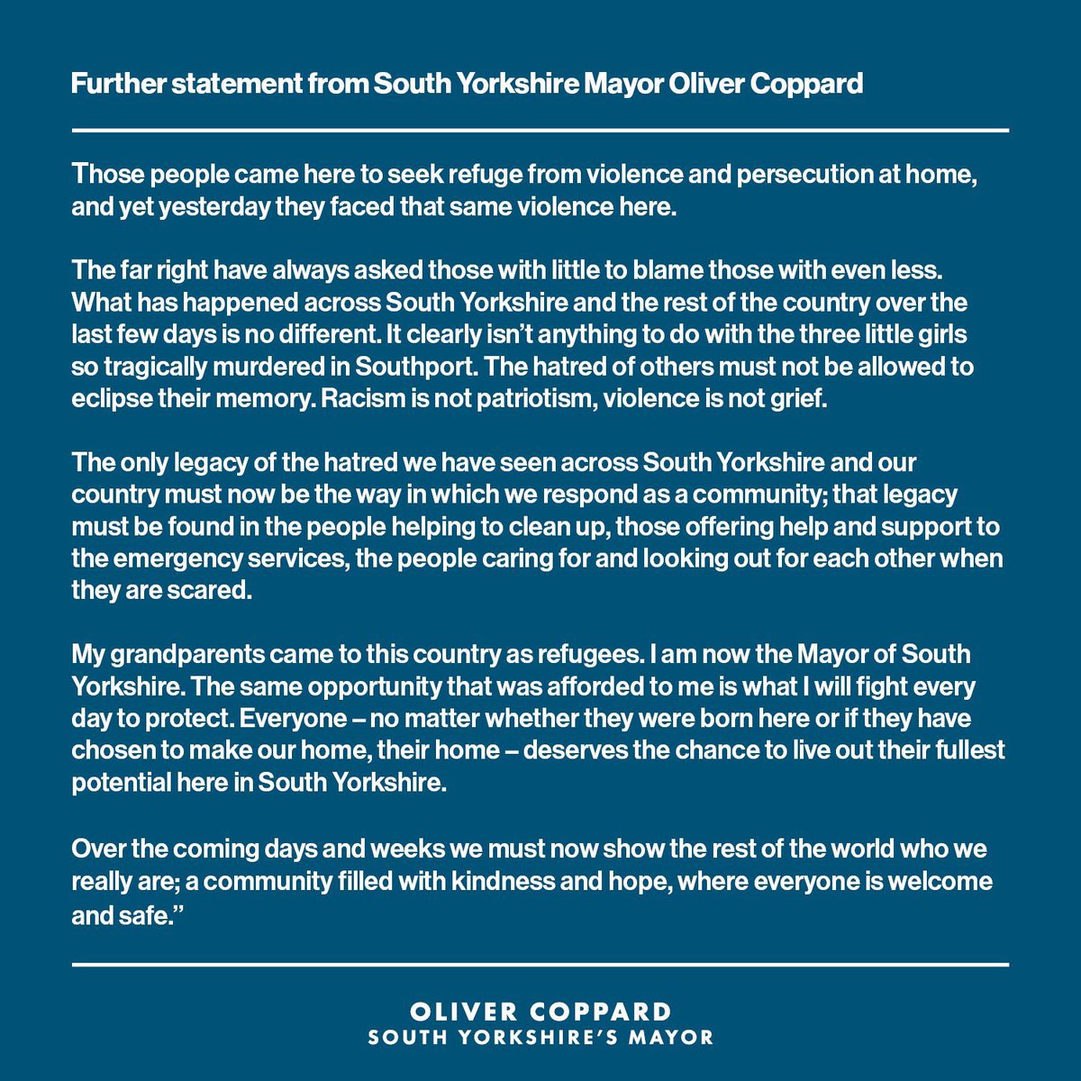 A further statement from me following the events in Rotherham yesterday