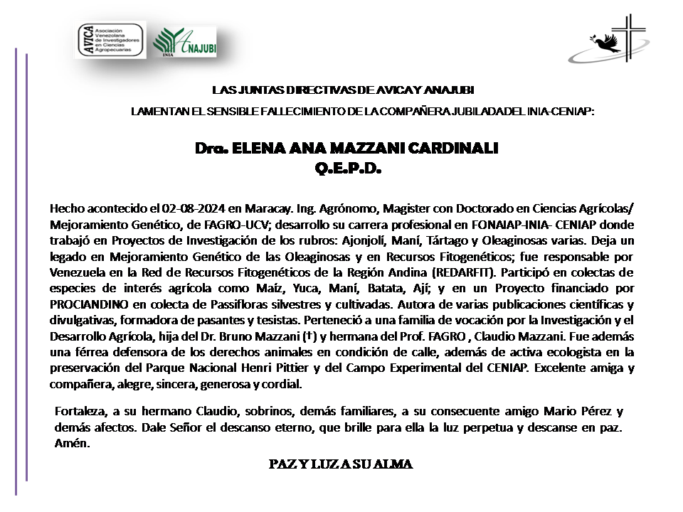 Descansa en Paz apreciada  Elenita Mazzani. Gracias por tú legado en el Mejoramiento Genético de Oleaginosas y Recursos Fitogenéticos de Venezuela!