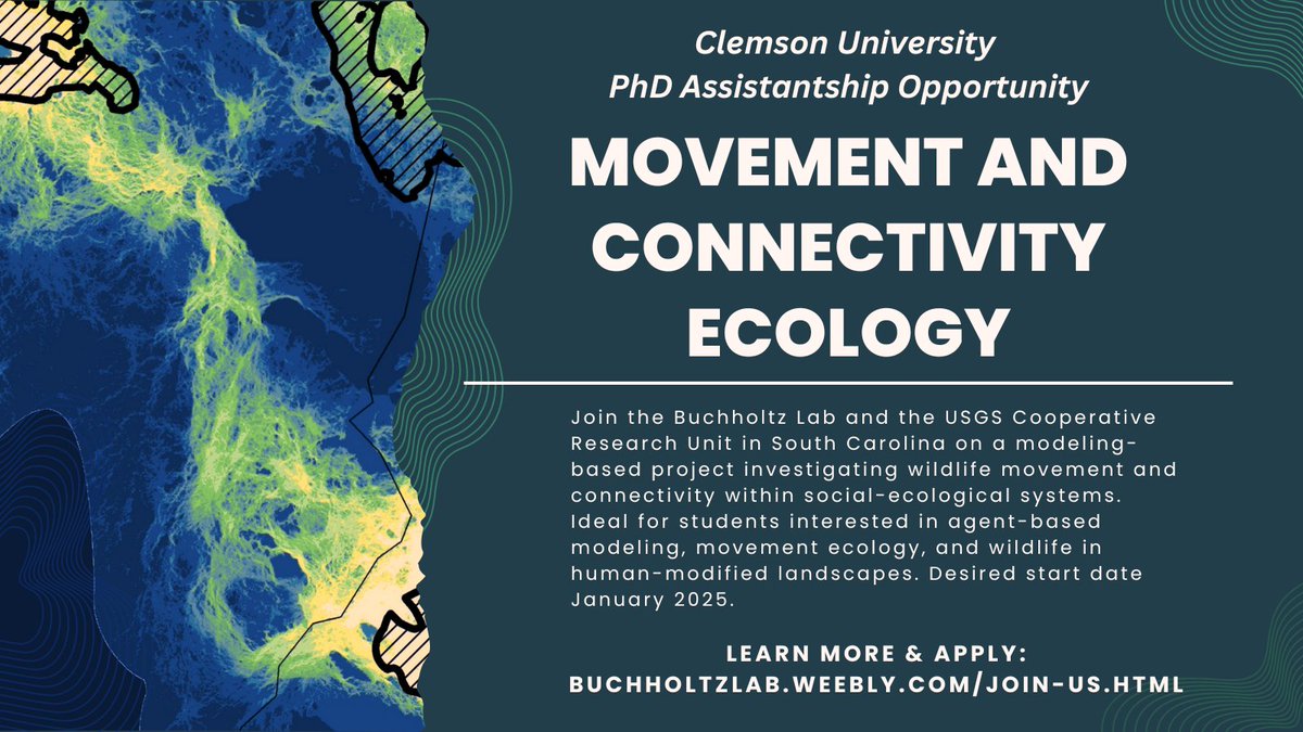 Erin Buchholtz (@erinbuchholtz) on Twitter photo <a href="/Physacourses/">Physalia-courses@ONLINE</a> I'm advertising a funded ecology PhD position at Clemson University (USA) starting January 2025 that will be using ABMs to study wildlife movement in social-environmental landscapes. May be of interest to the workshop attendees! Learn more and apply at buchholtzlab.weebly.com/join-us.html <a href="/Physacourses/">Physalia-courses@ONLINE</a> I'm advertising a funded ecology PhD position at Clemson University (USA) starting January 2025 that will be using ABMs to study wildlife movement in social-environmental landscapes. May be of interest to the workshop attendees! Learn more and apply at buchholtzlab.weebly.com/join-us.html