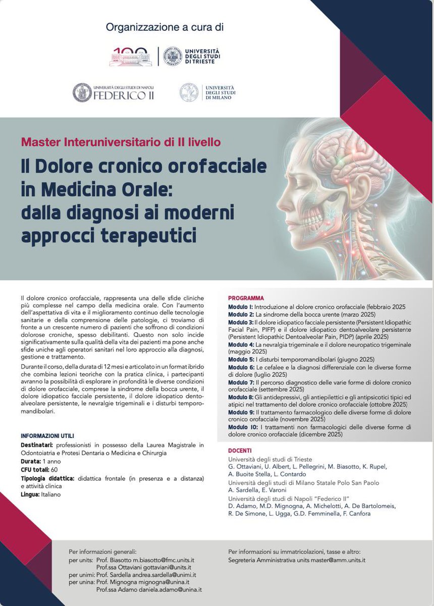 🔴🔴  Domani aprono le iscrizione del Master Interuniversitario #units "Il dolore cronico orofacciale in Medicina orale: dalla diagnosi ai moderni approcci terapeutici", in collaborazione con #unimi #unina #medicinaorale #dolorecronico #oralmedicine #oralpain  #master