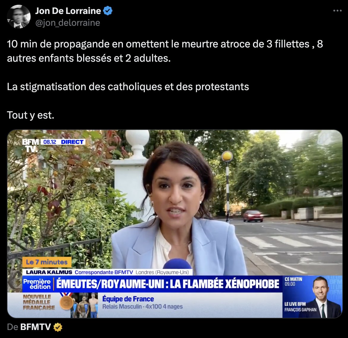 ojim_france's tweet photo. 🔴⚡Scandale médiatique : trois fillettes (6 à 9 ans) ont été massacrées au couteau en Angleterre par un ado de 17 ans issu d'une famille rwandaise. Des manifestations ont lieu depuis dans tout le pays. Voici comment l'info est traitée (et manipulée) en France :
➡️ L'ensemble de la presse 🇫🇷 évoque très peu le meurtre des enfants et se focalise exclusivement sur les manifestations
➡️ L'origine (rwandaise) du meurtrier est cachée, aucun média n'a diffusé sa photo (seul @F_Desouche l'a fait)
➡️ Pour l'@humanite_fr, @lopinion_fr et @TF1, le meurtre des trois jeunes filles est un "fait divers"
➡️ Pour @le_Parisien, les "voyous" sont les manifestants
➡️ Peu de journalistes 🇫🇷 sur place pour comprendre la situation, la plupart des papiers sont copiés de l'AFP (qui ment sur les origines réelles des émeutes)
➡️ L'AFP présente les manifestants comme des individus "d'extrême-droite violents" (il s'agit en réalité d'une révolte populaire des Britanniques et des Irlandais)
➡️L'ensemble de la presse 🇫🇷 accuse l'English Defence League d'être derrière les émeutes... alors qu'elle a été dissoute en 2011
➡️ @BFMTV occulte carrément le meurtre des fillettes dans ses "éclairages"
➡️ Pour @Le_Figaro, derrière les émeutes, il y a l'ombre d'une "ligue" nationaliste
➡️ Pour une journaliste du @dailytelegraph, invitée sur @BFMTV, des "réseaux russes" sont derrière les émeutes
➡️ L'ensemble de la presse condamne les émeutes et évoque "un jour de honte", après avoir justifié celles pour Nahel
➡️ Les catholiques et les protestants sont largement stigmatisés
#UKRiots #RoyaumeUni #Southport #TommyRobinson