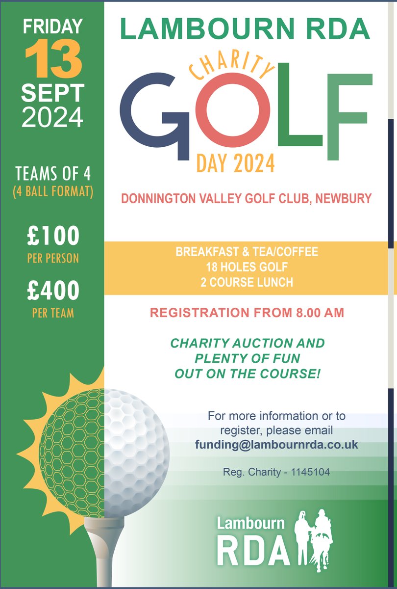 Lambourn RDA (@lambournrda) on Twitter photo CHARITY GOLF DAY
Don't miss out on what will be a fantastic day of golf. The winning team will receive our prestigious Bob Dore Trophy.
All standards of golf welcome.
Email Richard at funding@lambournrda.co.uk to register your team.
#Golf #RDA #Fundraising CHARITY GOLF DAY
Don't miss out on what will be a fantastic day of golf. The winning team will receive our prestigious Bob Dore Trophy.
All standards of golf welcome.
Email Richard at funding@lambournrda.co.uk to register your team.
#Golf #RDA #Fundraising