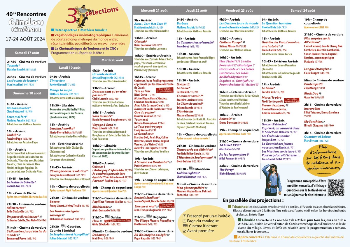 40es Rencontres Cinéma de Gindou 🎉 
📆 Du 17 au 24 août 2024
Avec Mathieu Amalric, en invité d'honneur
La grille de programmation est en ligne ! 

<a href="/Occitanie/">Région Occitanie</a> <a href="/Occitanie_films/">Occitanie films</a> <a href="/Cinepassion24/">Ciné Passion 24</a> <a href="/Cahorsvalleelot/">Cahors Vallée du Lot</a> <a href="/OTCazalsSalviac/">OT Cazals Salviac</a>