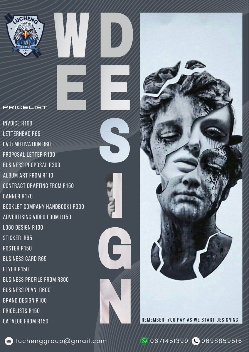 pregolee's tweet photo. @elonmusk INVOICE R100
LETTERHEAD R65
CV &amp; MOTIVATION R60
PROPOSAL LETTER R100
BUSINESS PROPOSAL R300
ALBUM ART FROM R110
CONTRACT DRAFTING FROM R150
BANNER R170
BOOKLET COMPANY HANDBOOK) R300
ADVERTISING VIDEO FROM R150
LOGO DESIGN R100
STICKER R65
POSTER R150
BUSINESS CARD R65
FLYER R150 https://t.co/AO9OvacQVU