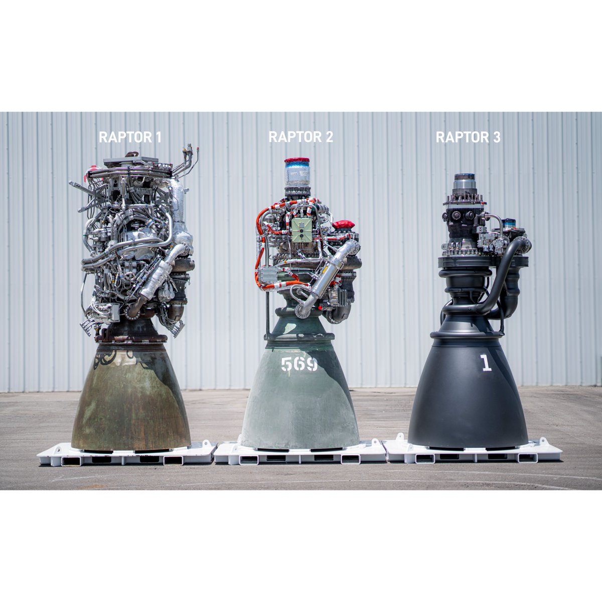 Raptor 1, Raptor 2 and Raptor 3 displayed side by side, showing progressively less exposed plumbing.