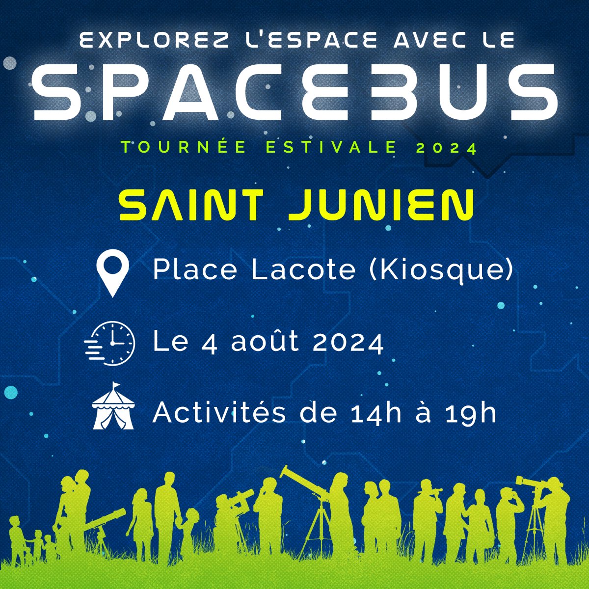 Étape 7: Saint-Junien🌙 Nous étions hier à Saint-Junien pour une journée d'animations sur l'#espace et l'#astronomie! Si vous avez manqué le rendez-vous, notre édition estivale continue dès demain à Thiat 👽⭐️🪐