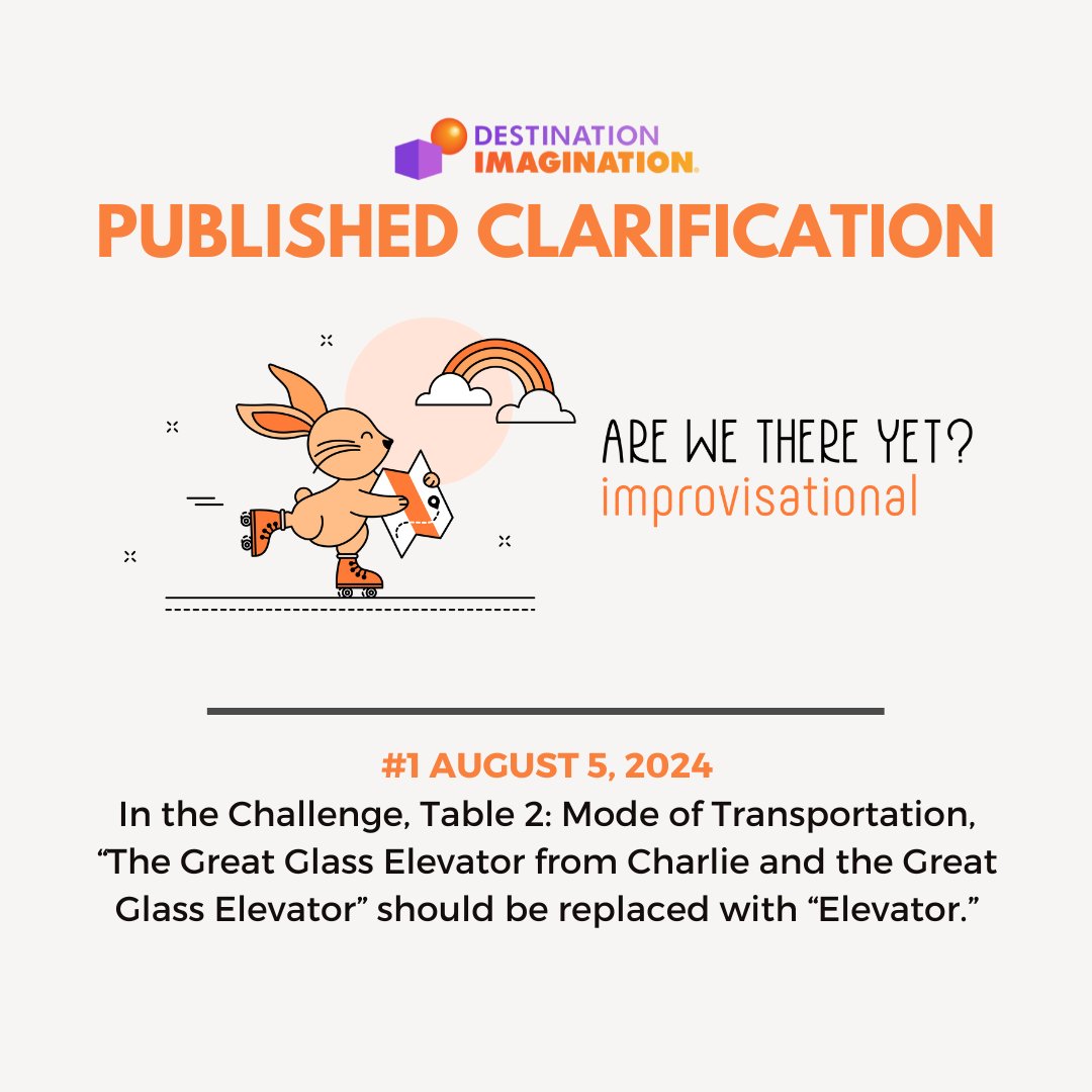 IDODI's tweet image. Heads up, Improv teams! We have a Published Clarification for your Team Challenge. 

View on our website: hubs.ly/Q02K2hWr0

#DestinationImagination #ChallengeExperience #Clarifications