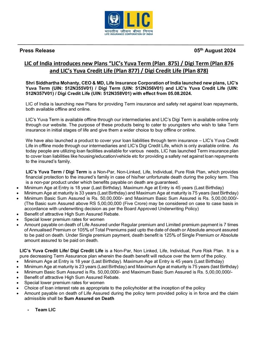 sreekaanthpolu's tweet image. LIC of India launches 4 new plans :
LIC's Yuva Term
LIC's Digi Term
LIC's Yuva Credit Life
LIC's Digi Credit Life

#LIC #DigiTerm #YuvaTerm