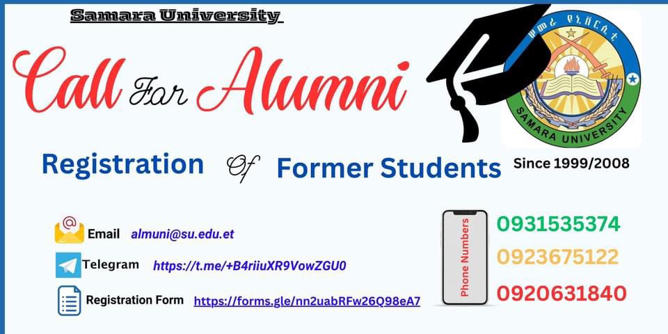 Notice:
Samara University invites all its Alumni to contribute to community development by leveraging the expertise in education, research, community service issues.
To register, please fill out the form at [forms.gle/qEjb6XLEEpHGsa…](forms.gle/qEjb6XLEEpHGsa…). Share for others too!